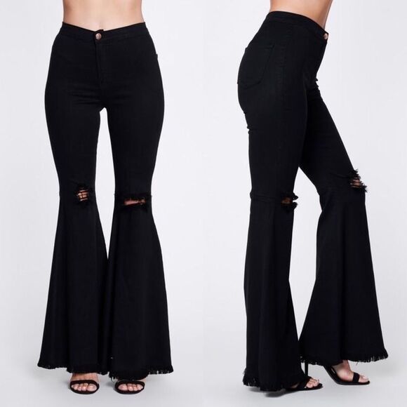 Ripped Knee Bell Bottom Jeans - Picture 2 of 6